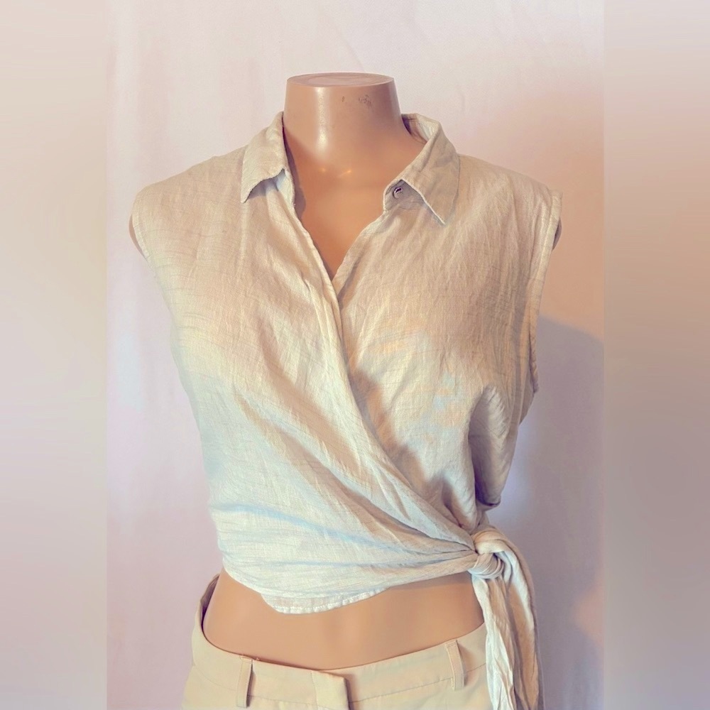 Sleeveless Cotton Wrap Top in Cream